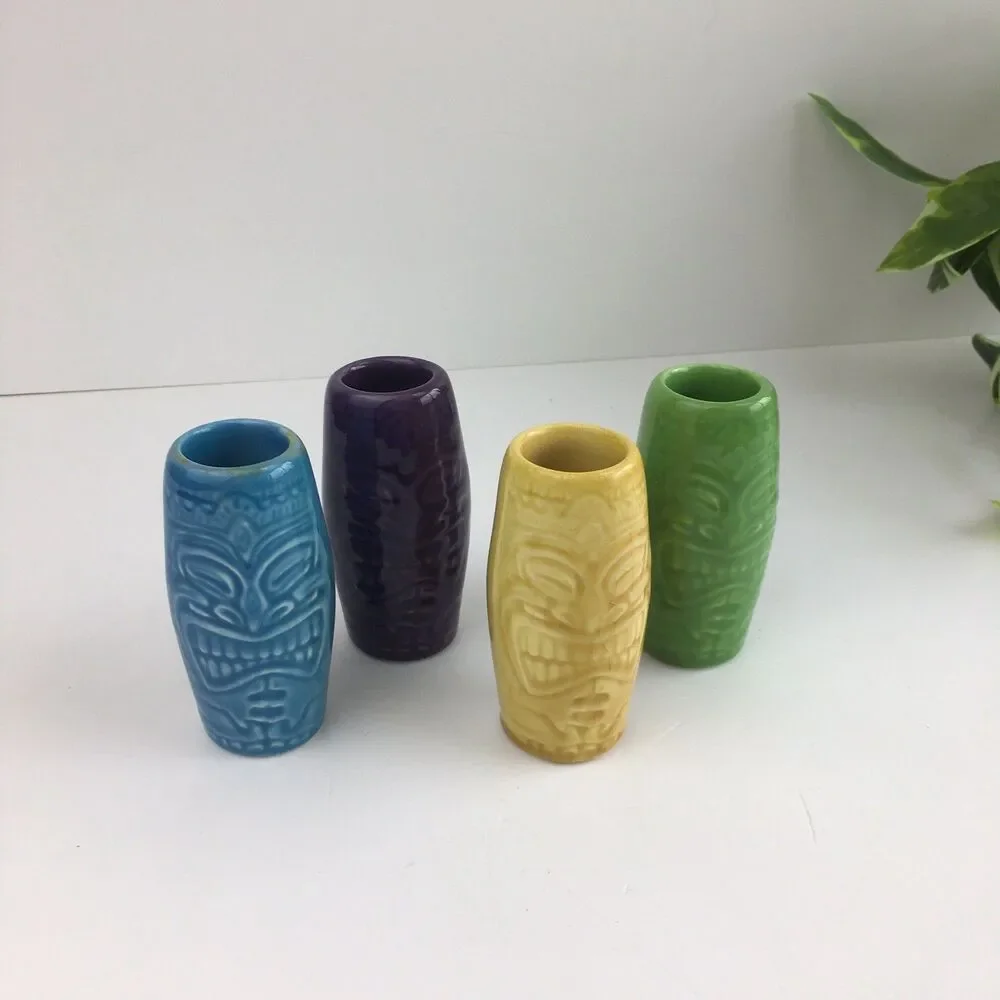 Tiki Farm Tropical Shot Glasses Set of 4 Yellow Purple Blue Green 4”